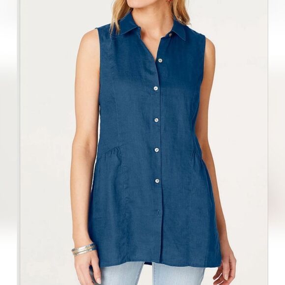 J. Jill Women 100% Linen Blue Sleeveless Button Down Tunic Top Sz 1X Resortwear - Picture 1 of 9